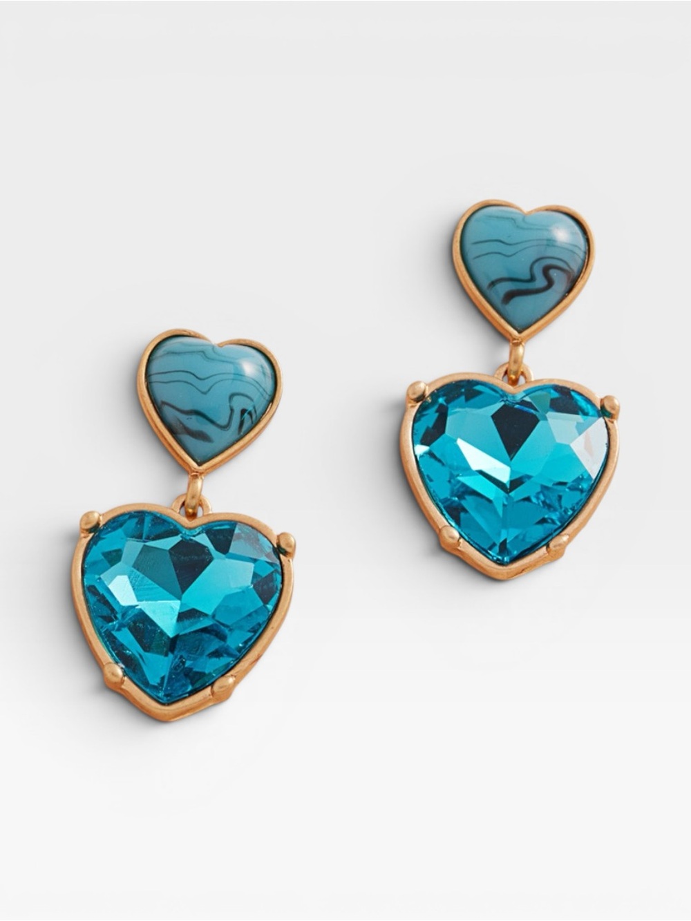 Anthropologie Blue Heart Crystal Drop Earrings Gold Tone Statement Earrings NWOT